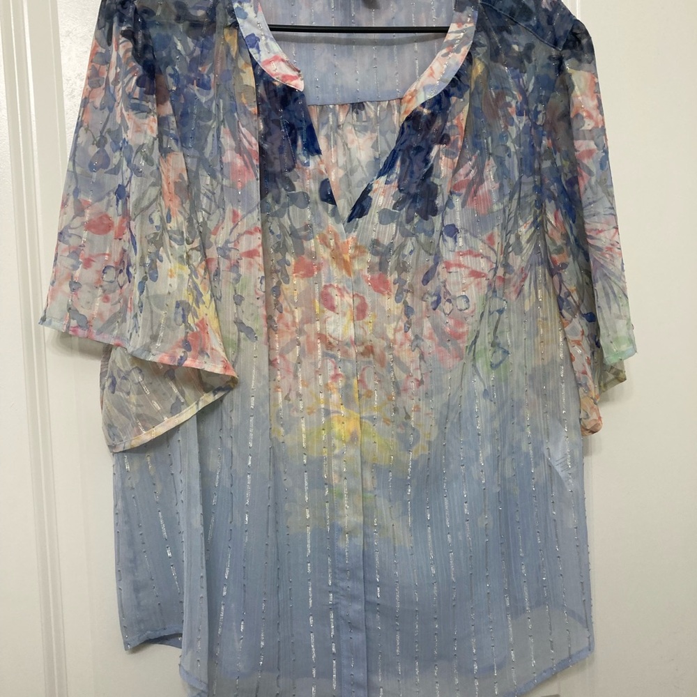 Chico's Blue and Pink Flutter Sleeve Graphic Blouse